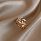 Gold Laurel Leaf Ring with White Inlay Detailing