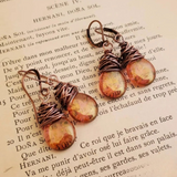 Literary Glass Teardrop Earrings with Antiqued Copper Wire