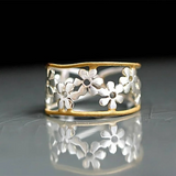 Openwork Floral Band Ring in Silver and Gold Finish
