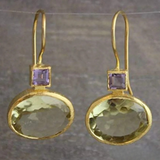 Gold-Framed Green Amethyst & Purple Square Gemstone Drop Earrings