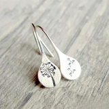Dandelion Engraved Teardrop Earrings in Sterling Silver