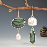 Asymmetrical Labradorite and Pearl Dangle Earrings