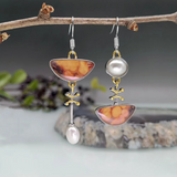 Asymmetrical Natural Stone & Pearl Drop Earrings – Artistic Design