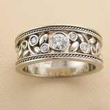 Wide Silver Filigree Ring with Leaf Detail and Bezel Diamonds