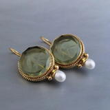 Vintage Green Crystal Earrings with Pearl Drop & Palm Engraving