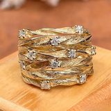 Textured Gold Leaf Band Ring with White Stone Accents