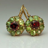 Vintage Floral Earrings – Red Garnet & Green Peridot in Gold Setting
