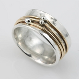 Wide Hammered Silver Ring with Gold and Silver Wire Accents