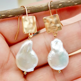 Baroque Pearl Drop Earrings with Hammered Gold Accents