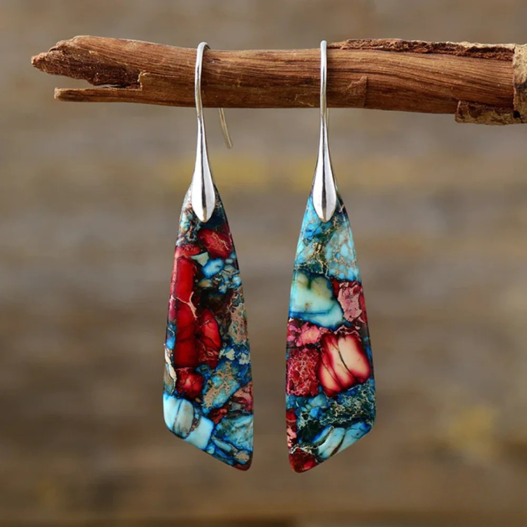 Bohemian Long Drop Earrings – Irregular Multicolor Stone & Gold Accent