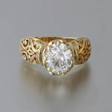 Vintage-Style Oval Cut Crystal Ring with Engraved Gold Band