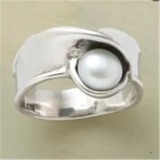 Modern Sculpted Silver Pearl Ring with Wide Band
