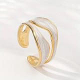 Gold Open Band Wave Ring with Pearl Enamel Inlay