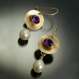 Round Drop Earrings with Faceted Gemstone and Pearl