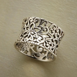 Sterling Silver Filigree Flower Ring with Wide Band Design