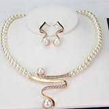 Modern Pearl Necklace and Earring Set with Crystal Curve