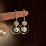 Crystal-Encrusted Pearl Drop Earrings with Gold Hoop
