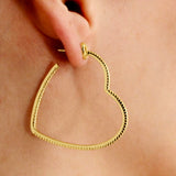 Gold Heart Top Elongated Hoop Earrings with Crystals
