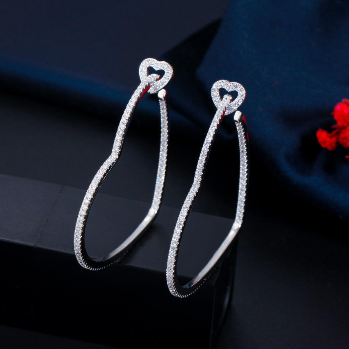 Gold Heart Hoop Earrings with Crystals