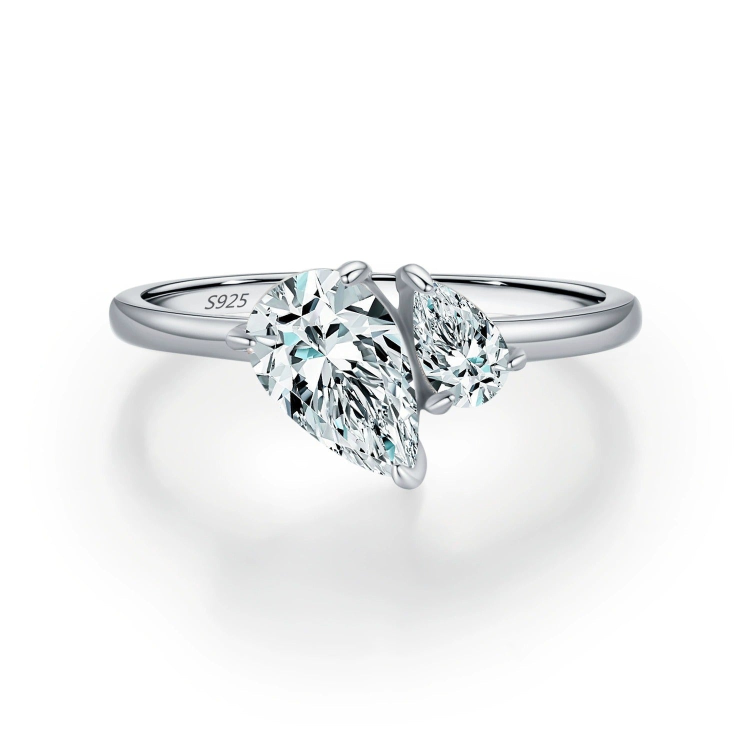 Dual Teardrop Crystal Silver Ring