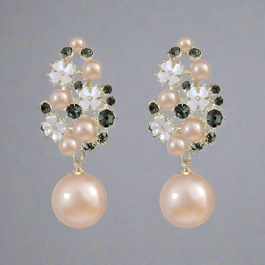 Elegant Pearl Cluster Earrings with Crystals and Floral Accents – Luxury Bridal Jewelry