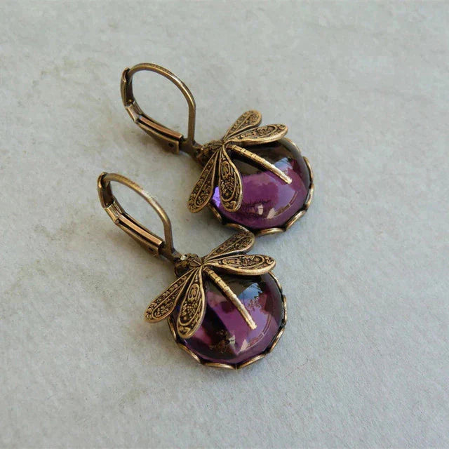 Vintage Bronze Dragonfly Earrings with Blue Glass Cabochon