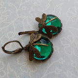 Vintage Bronze Dragonfly Earrings with Blue Glass Cabochon