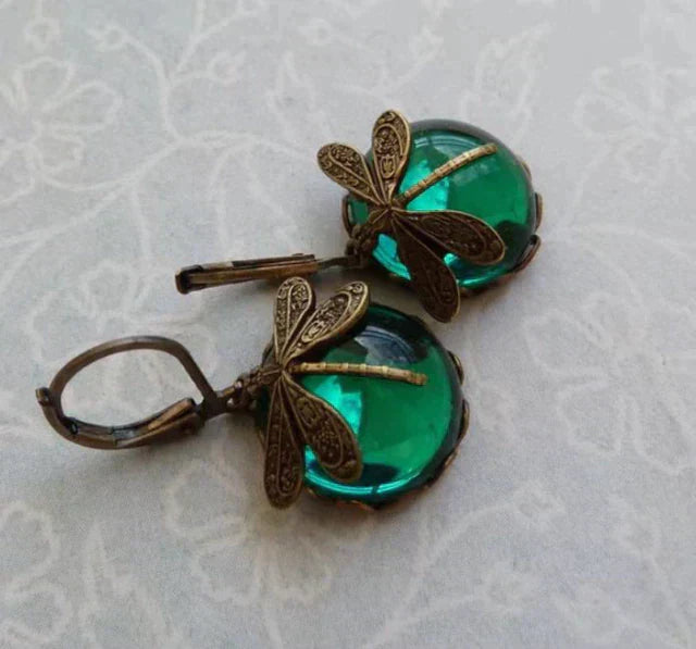 Vintage Bronze Dragonfly Earrings with Blue Glass Cabochon