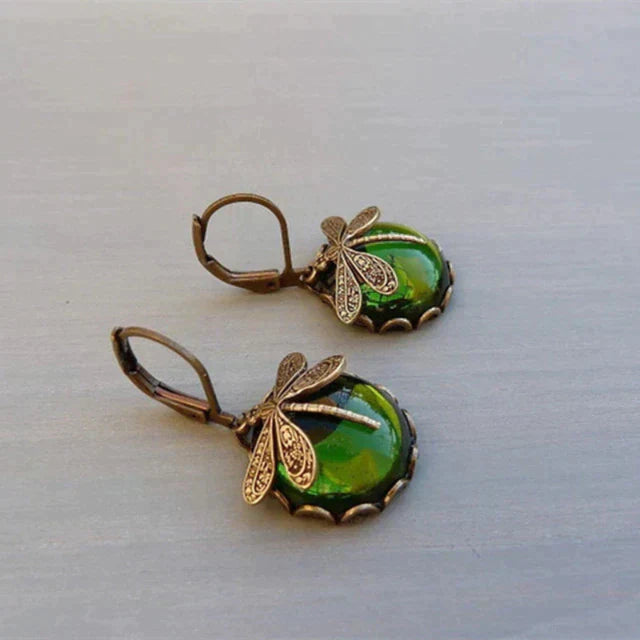 Vintage Bronze Dragonfly Earrings with Blue Glass Cabochon
