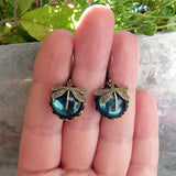 Vintage Bronze Dragonfly Earrings with Blue Glass Cabochon