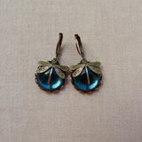 Vintage Bronze Dragonfly Earrings with Blue Glass Cabochon