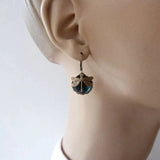 Vintage Bronze Dragonfly Earrings with Blue Glass Cabochon