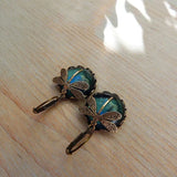Vintage Bronze Dragonfly Earrings with Blue Glass Cabochon