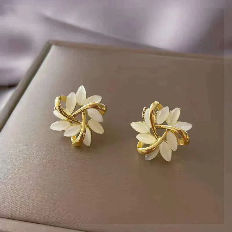Gold Leaf & Pearl Floral Stud Earrings