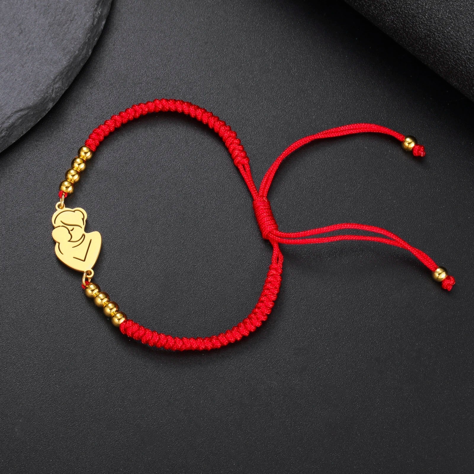 Gold Mother & Child Silhouette Bracelet – Adjustable Black Cord