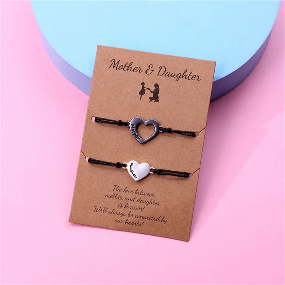 Mother & Daughter Matching Heart Charm Bracelets – Adjustable Black Cord