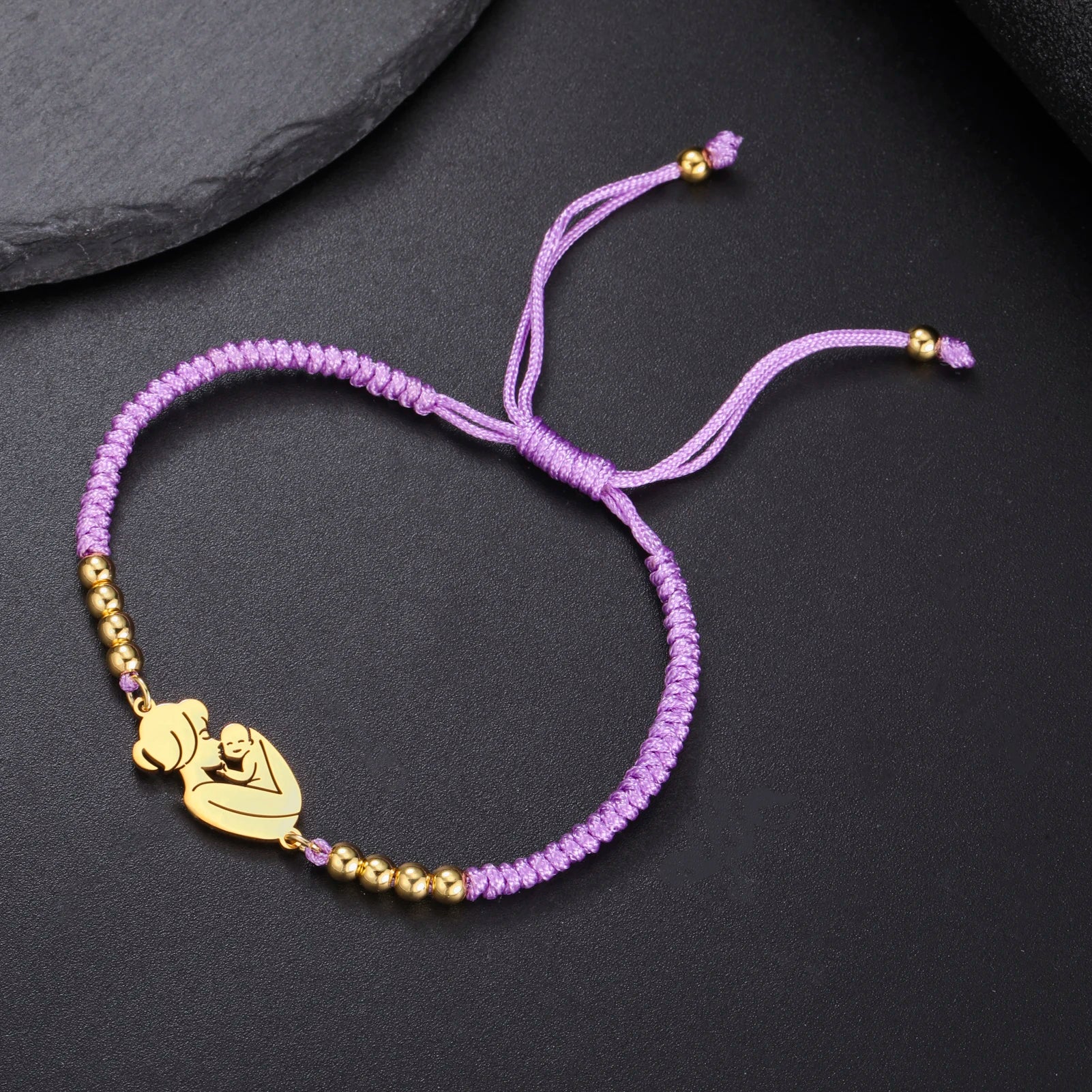 Gold Mother & Child Silhouette Bracelet – Adjustable Black Cord