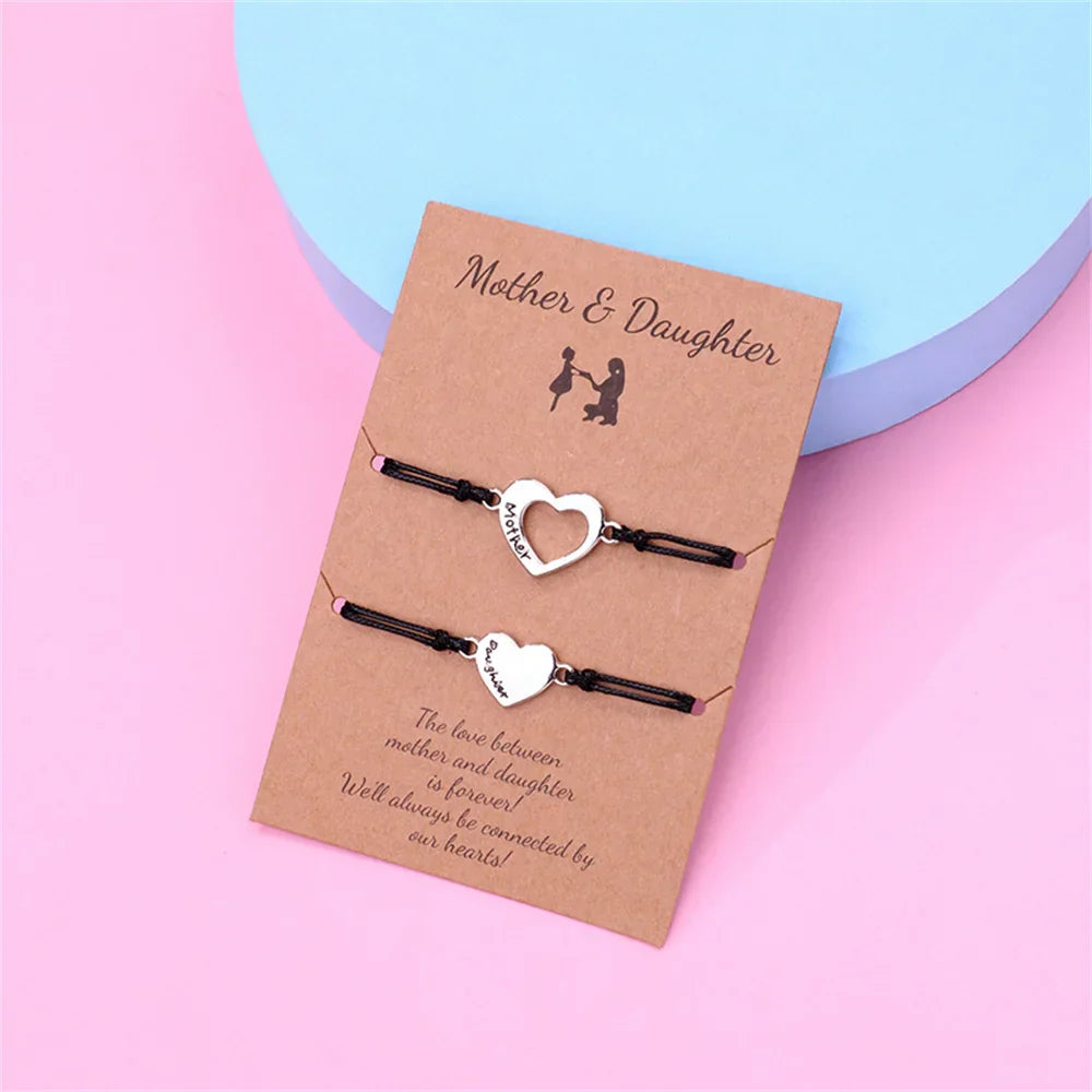 Mother & Daughter Matching Heart Charm Bracelets – Adjustable Black Cord