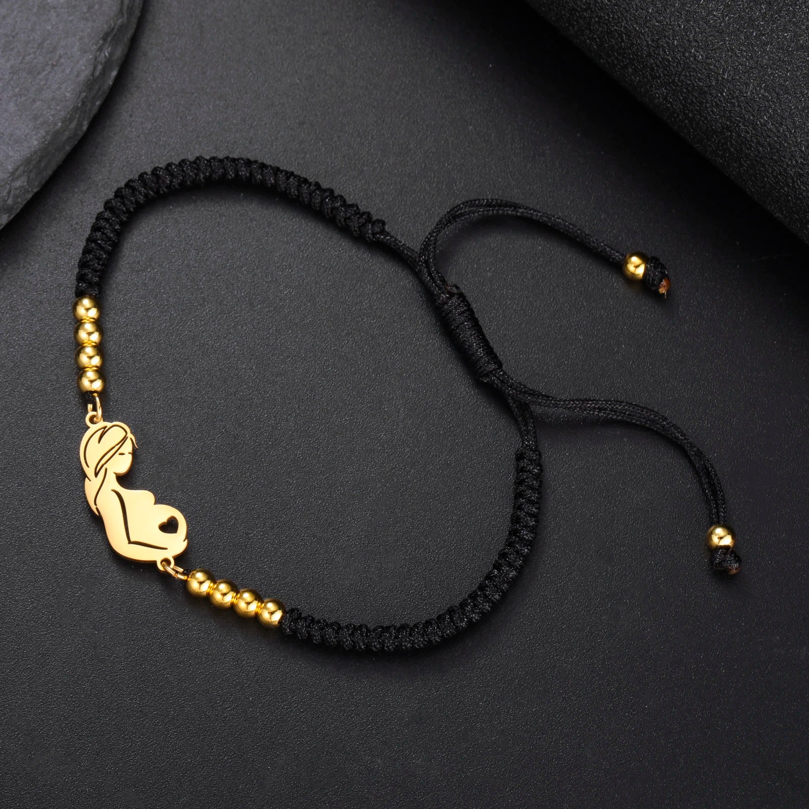 Gold Mother & Child Silhouette Bracelet – Adjustable Black Cord