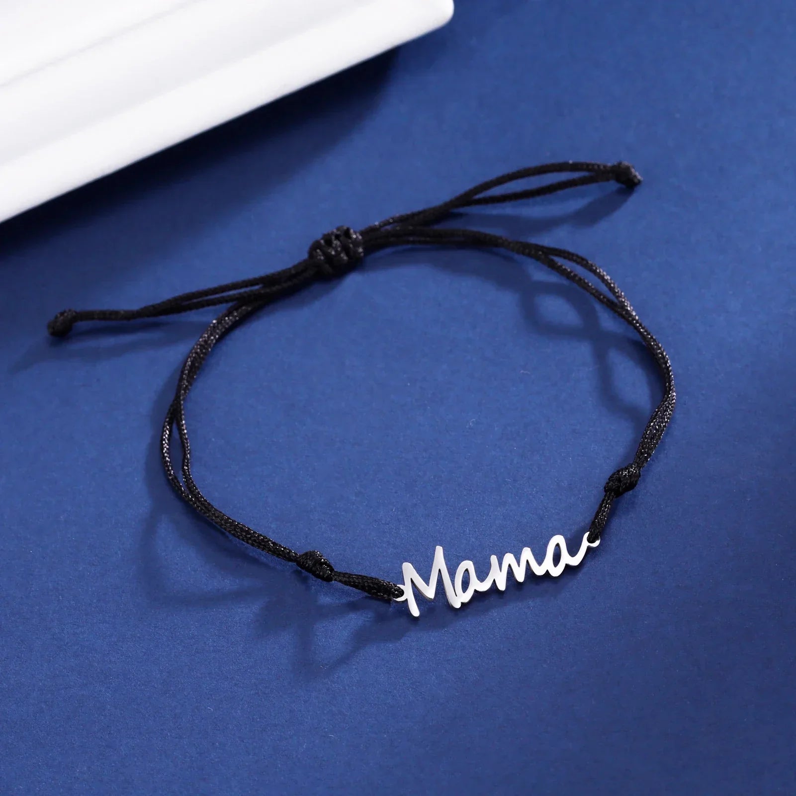 Silver "Mama" Cord Bracelet – Adjustable Black String