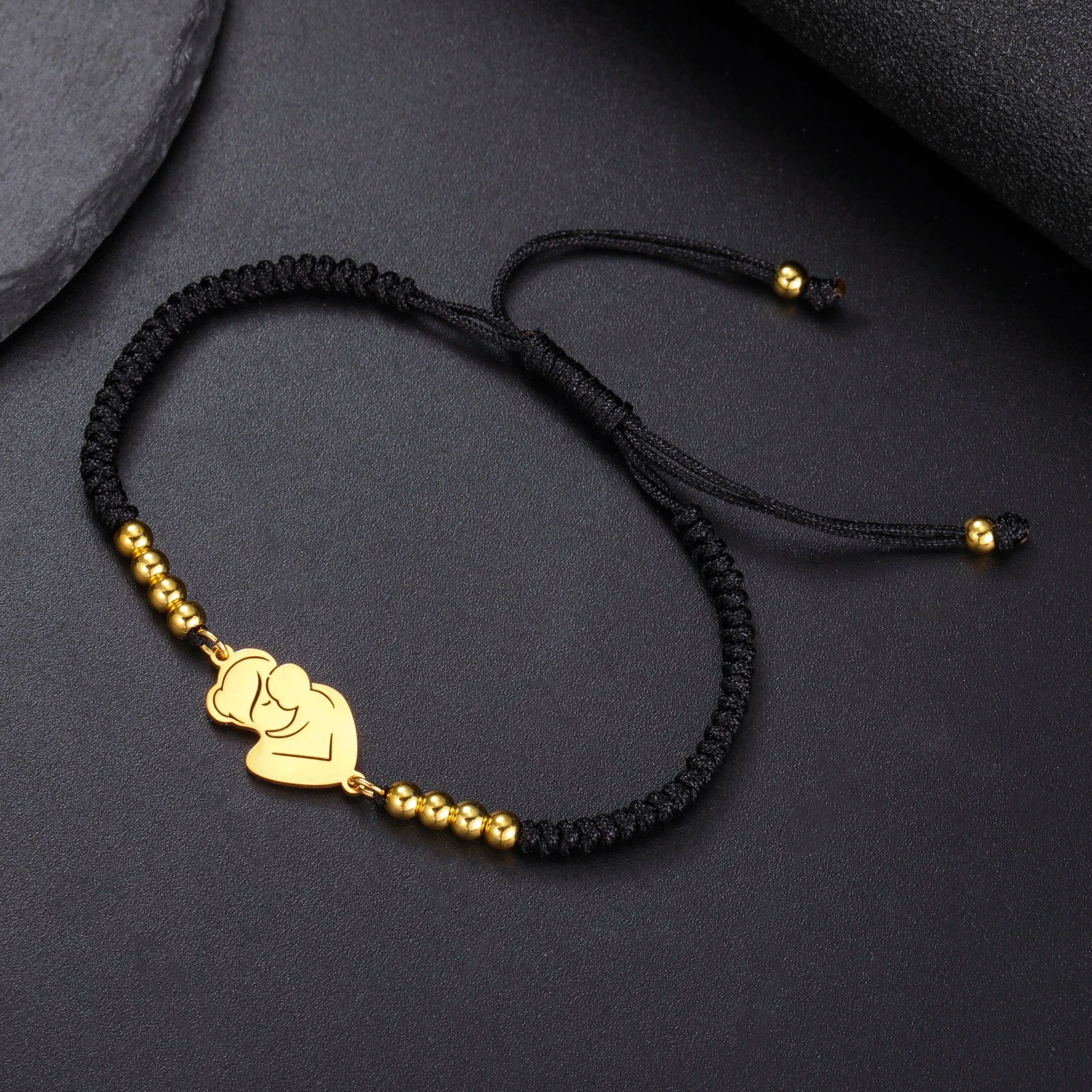 Gold Mother & Child Silhouette Bracelet – Adjustable Black Cord