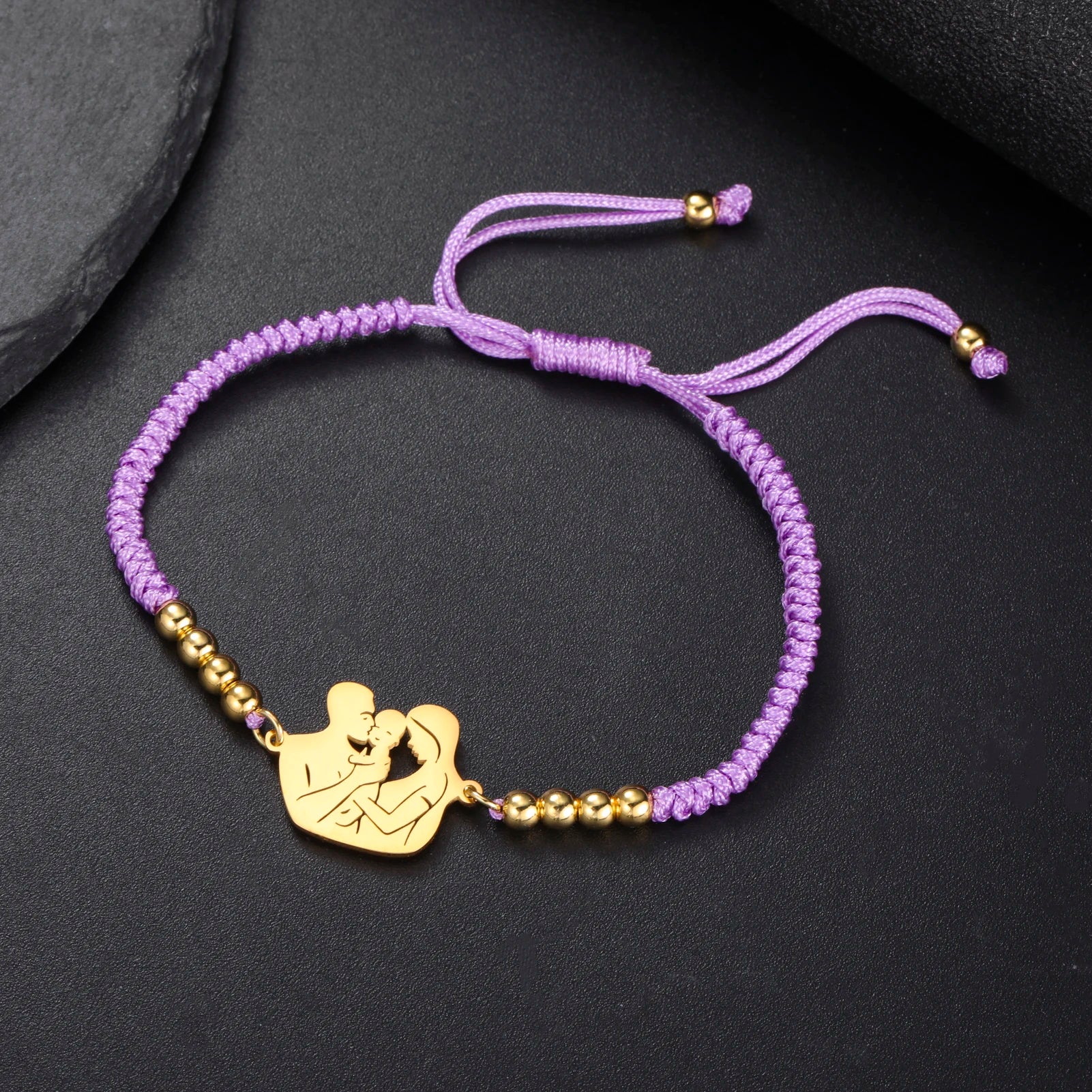 Gold Mother & Child Silhouette Bracelet – Adjustable Black Cord