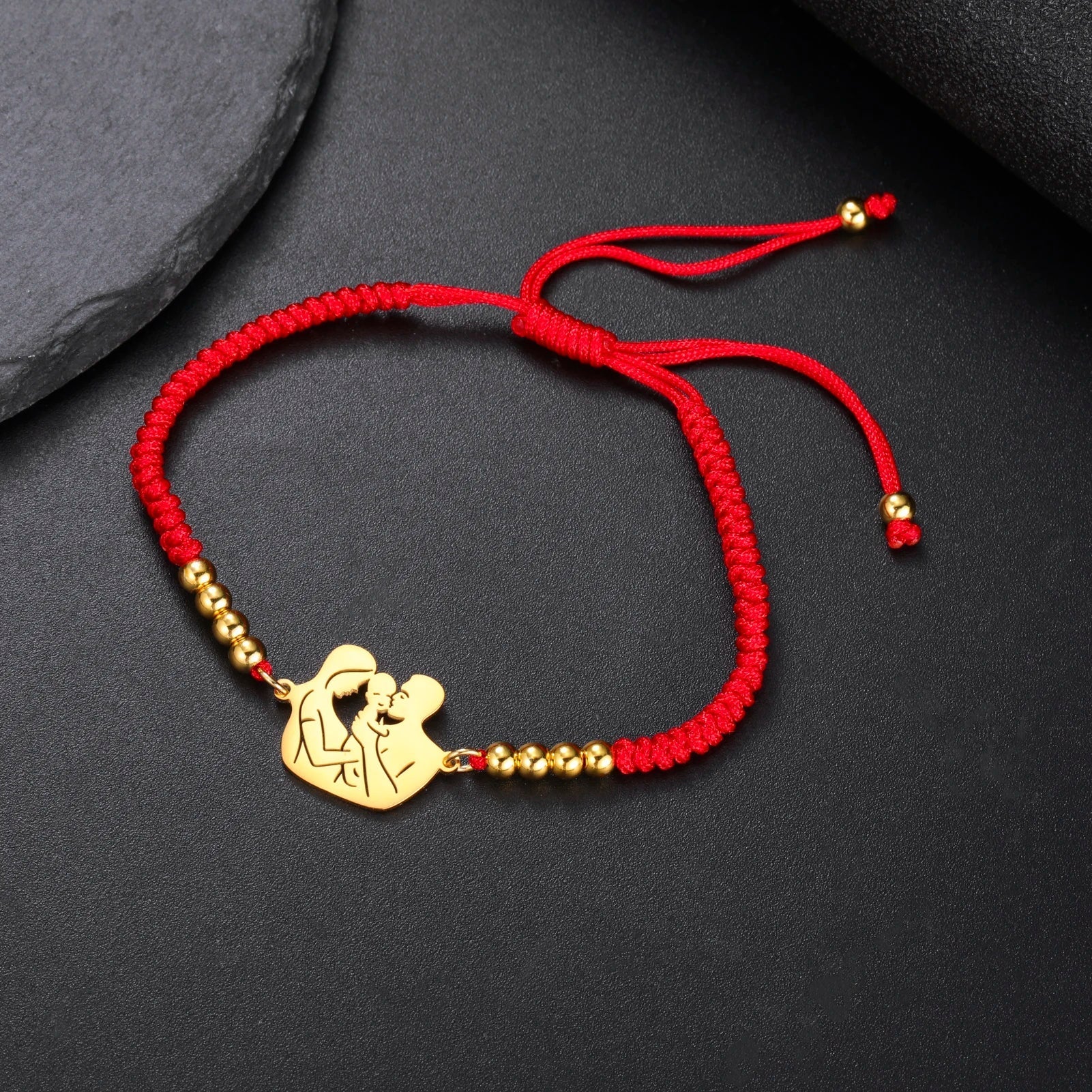 Gold Mother & Child Silhouette Bracelet – Adjustable Black Cord