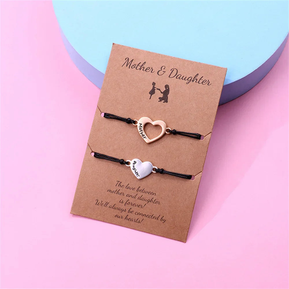 Mother & Daughter Matching Heart Charm Bracelets – Adjustable Black Cord