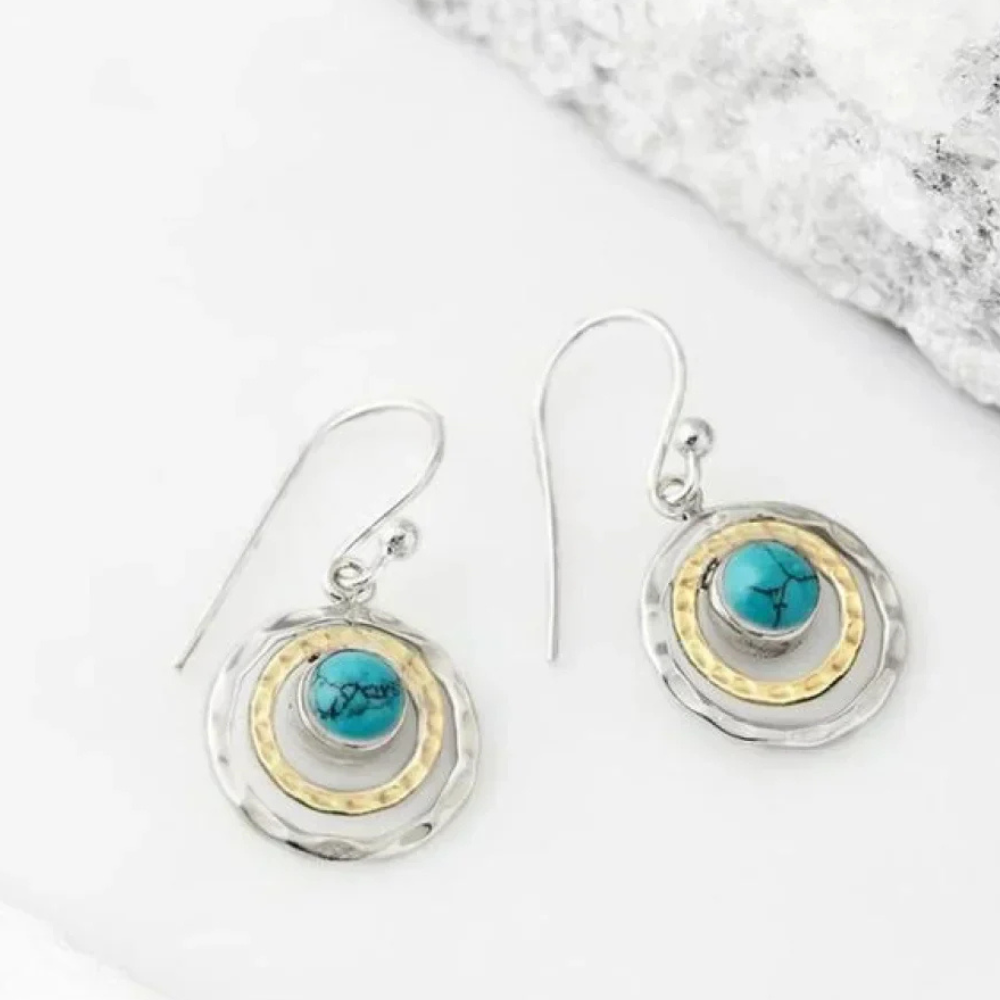 Hammered Circle Earrings with Turquoise Stone Center