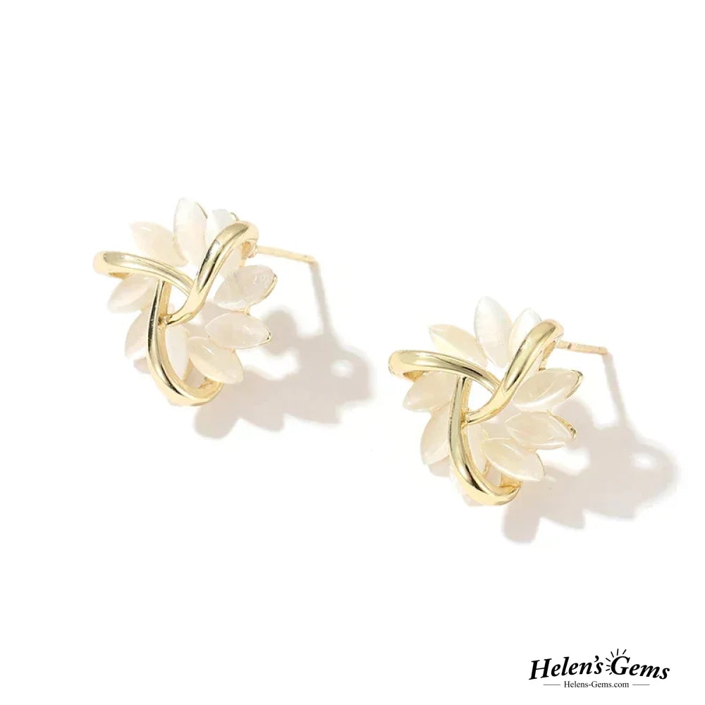 Elegant Leaf-Inspired Pearl White Stud Earrings
