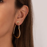 Gold Heart Top Elongated Hoop Earrings with Crystals