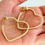 Gold Heart Top Elongated Hoop Earrings with Crystals