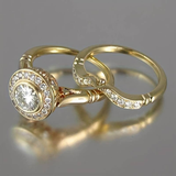 Gold Halo Engagement Ring Set with Contoured Diamond Band