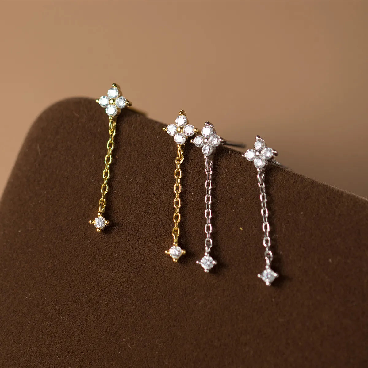 Clover Drop Chain Crystal Earrings